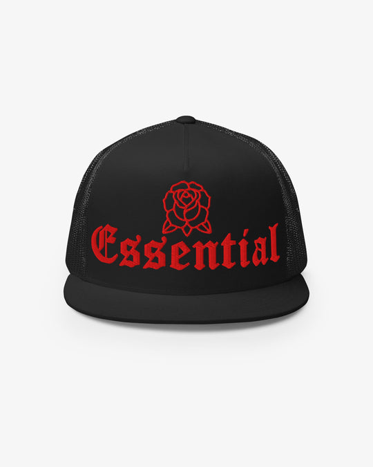 Essential embroidered rose trucker hat, front view