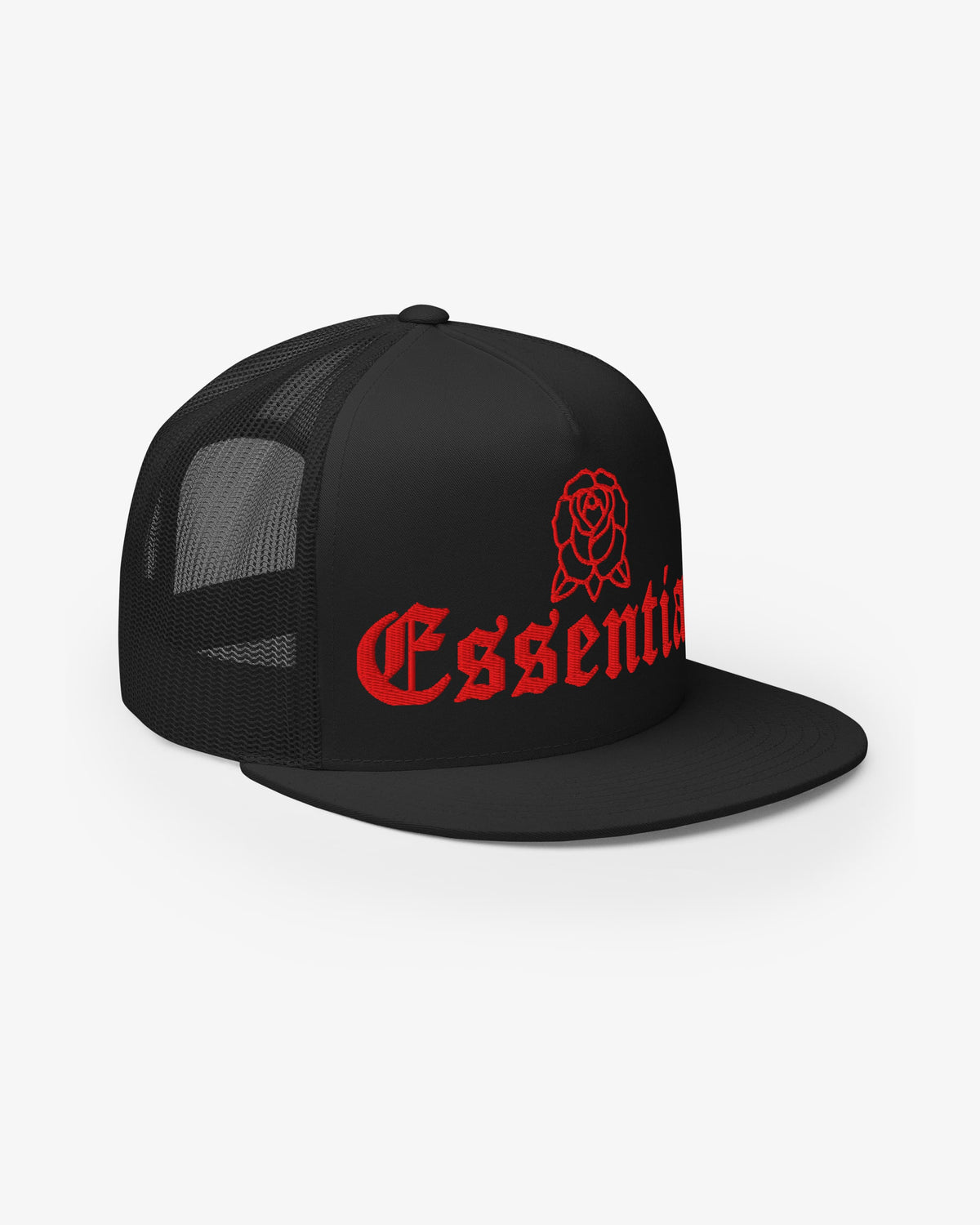 Essential embroidered rose trucker hat, front three-quarter angle view