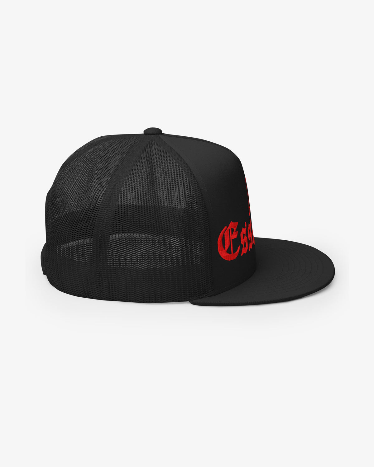 Essential trucker hat, back view showing mesh panel and snapback closure