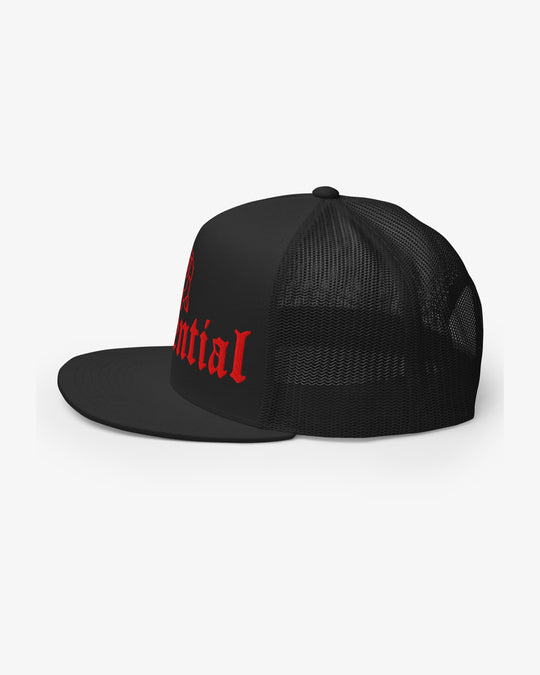 Essential embroidered rose trucker hat, three-quarter view facing left showing embroidery detail
