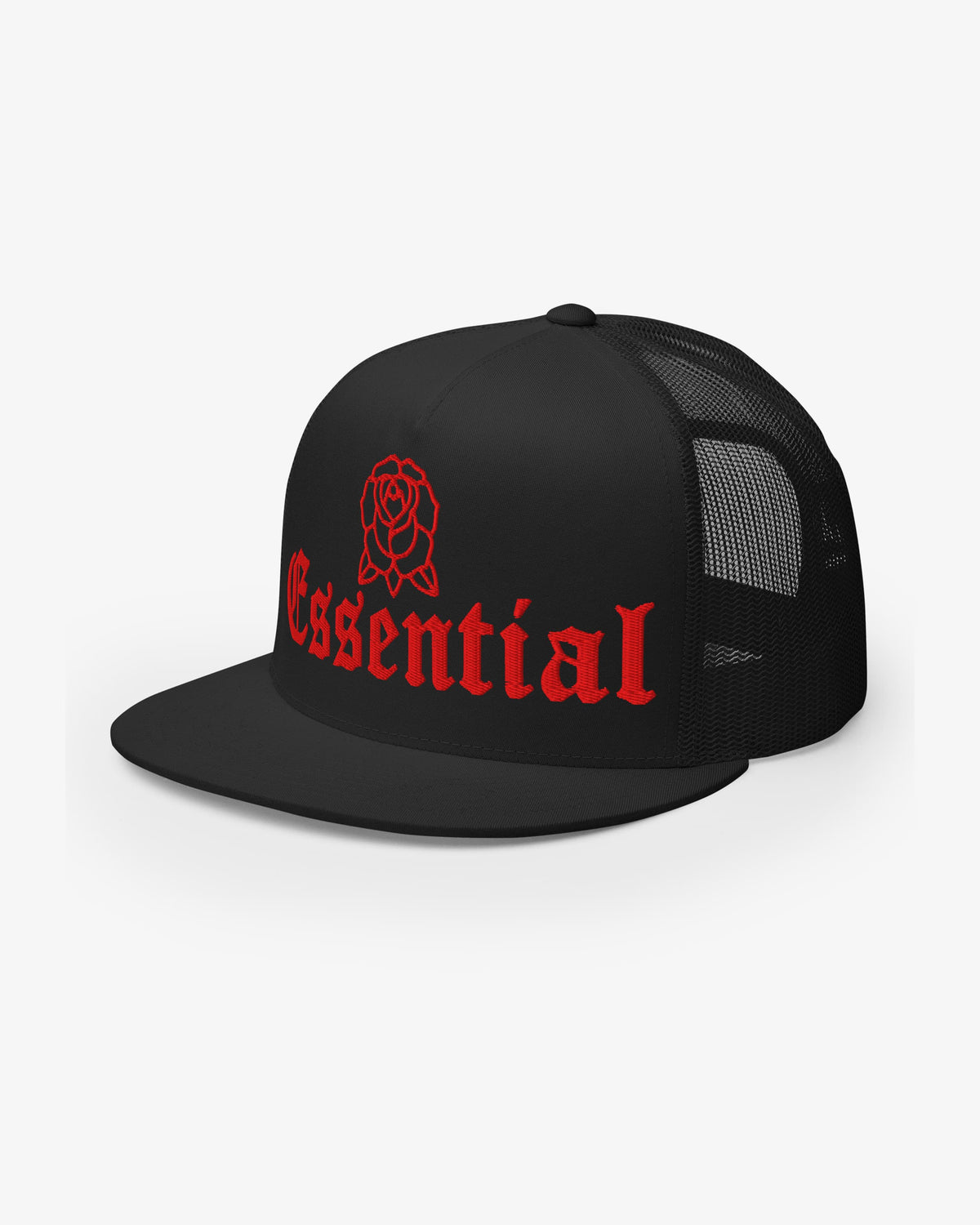 Essential embroidered rose trucker hat, right side view