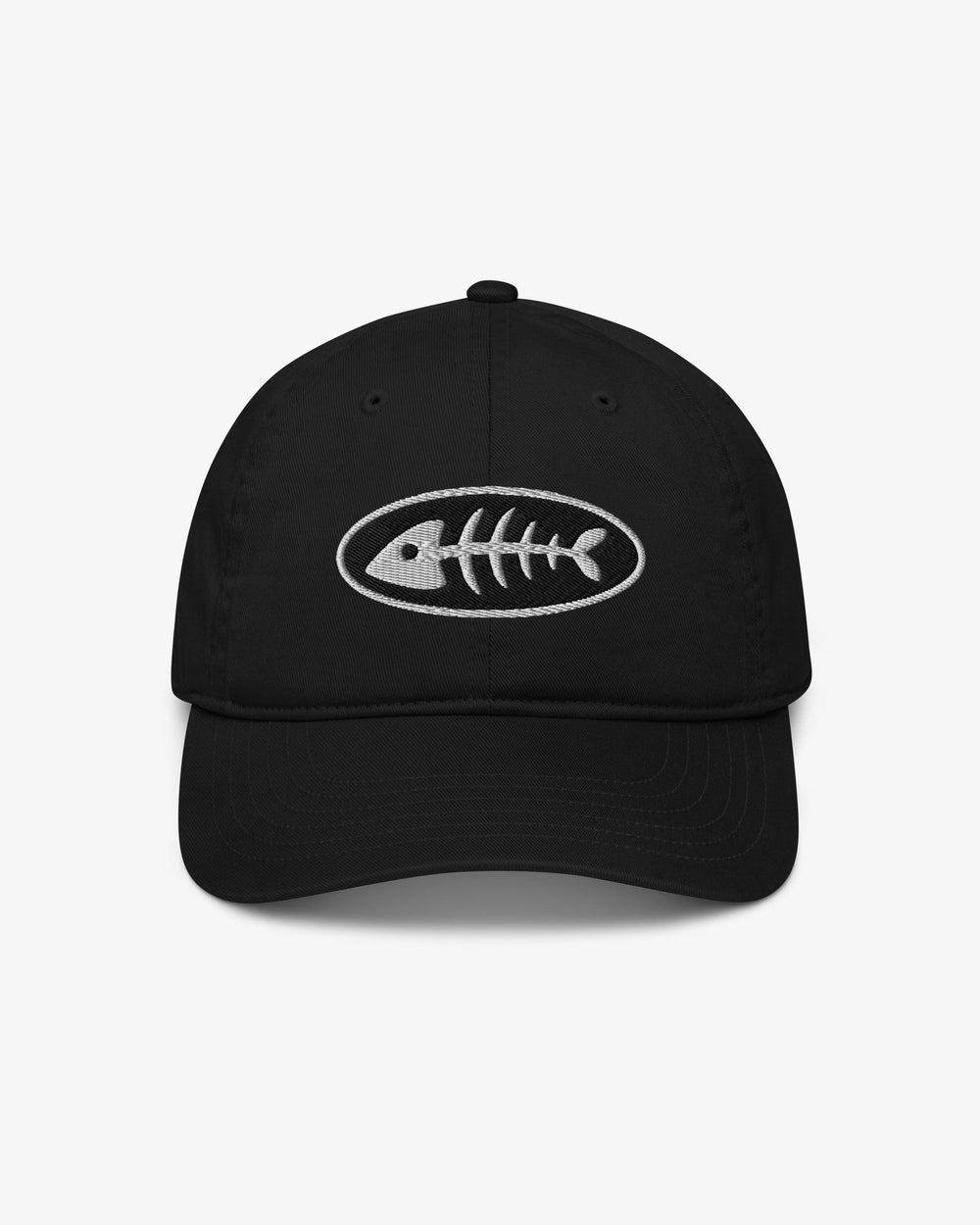 Fishbone black dad hat with white embroidered fishbone in an oval badge, front view