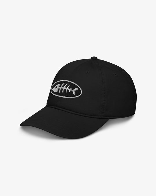 Fishbone black dad hat, left front three-quarter view showing white fishbone embroidery detail