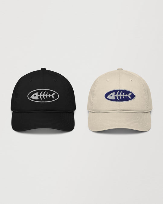Fishbone dad hats in black and oyster with embroidered fishbone oval badge