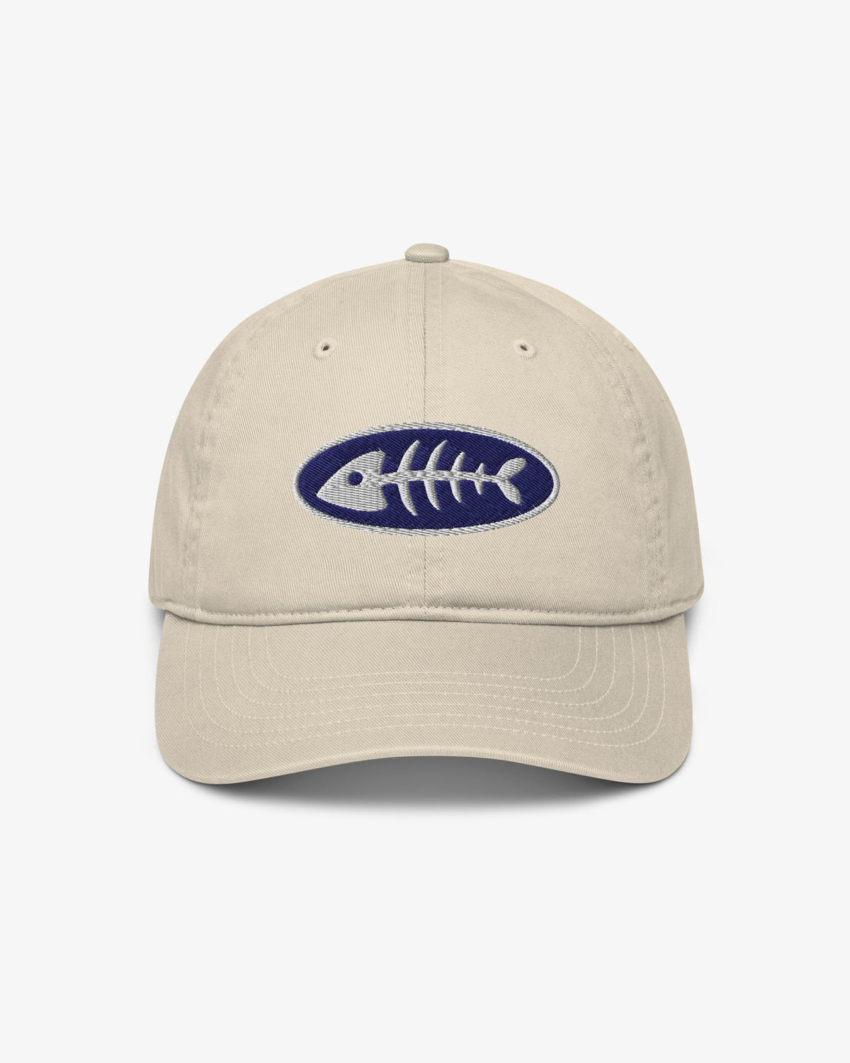Fishbone oyster organic cotton dad hat with white fishbone embroidered on a navy oval badge, front view