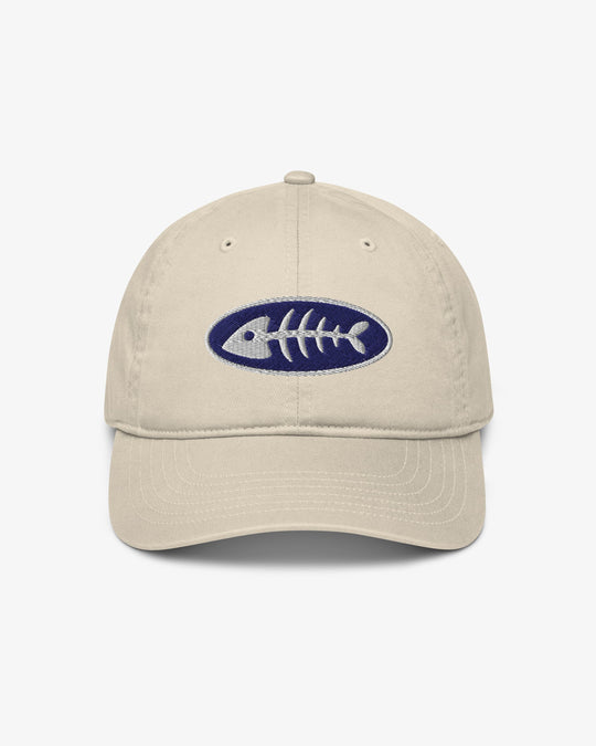 Fishbone oyster dad hat with white fishbone embroidered on a navy oval badge, front view