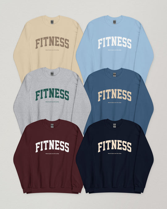 Fitness crewneck sweatshirts in sand, light blue, sport grey, indigo blue, maroon and navy, collage
