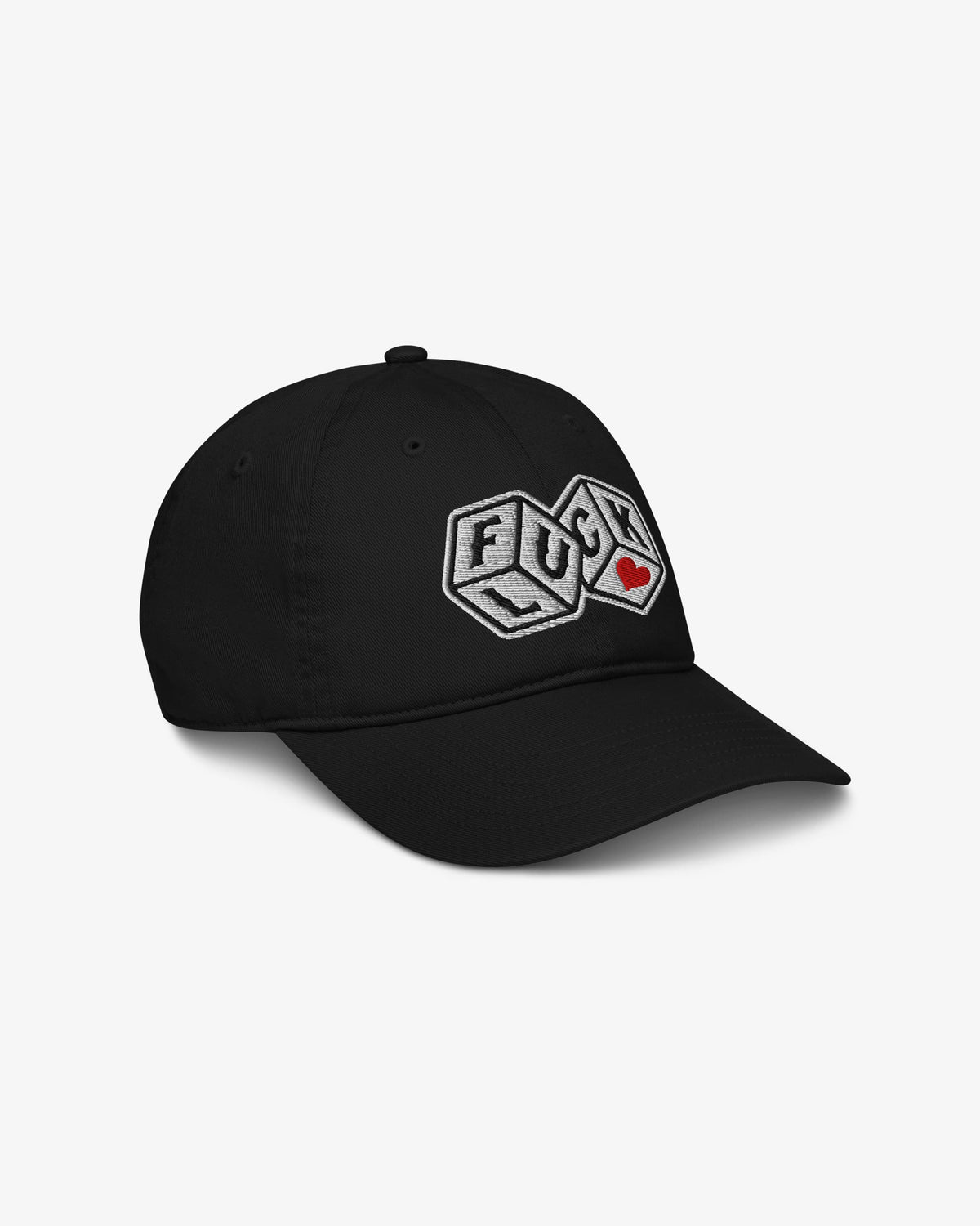F*ck Luck embroidered dice graphic cap, front three-quarter angle view
