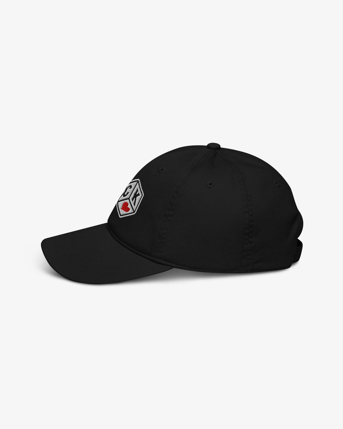 F*ck Luck embroidered dice graphic cap, front three-quarter view showing embroidery detail