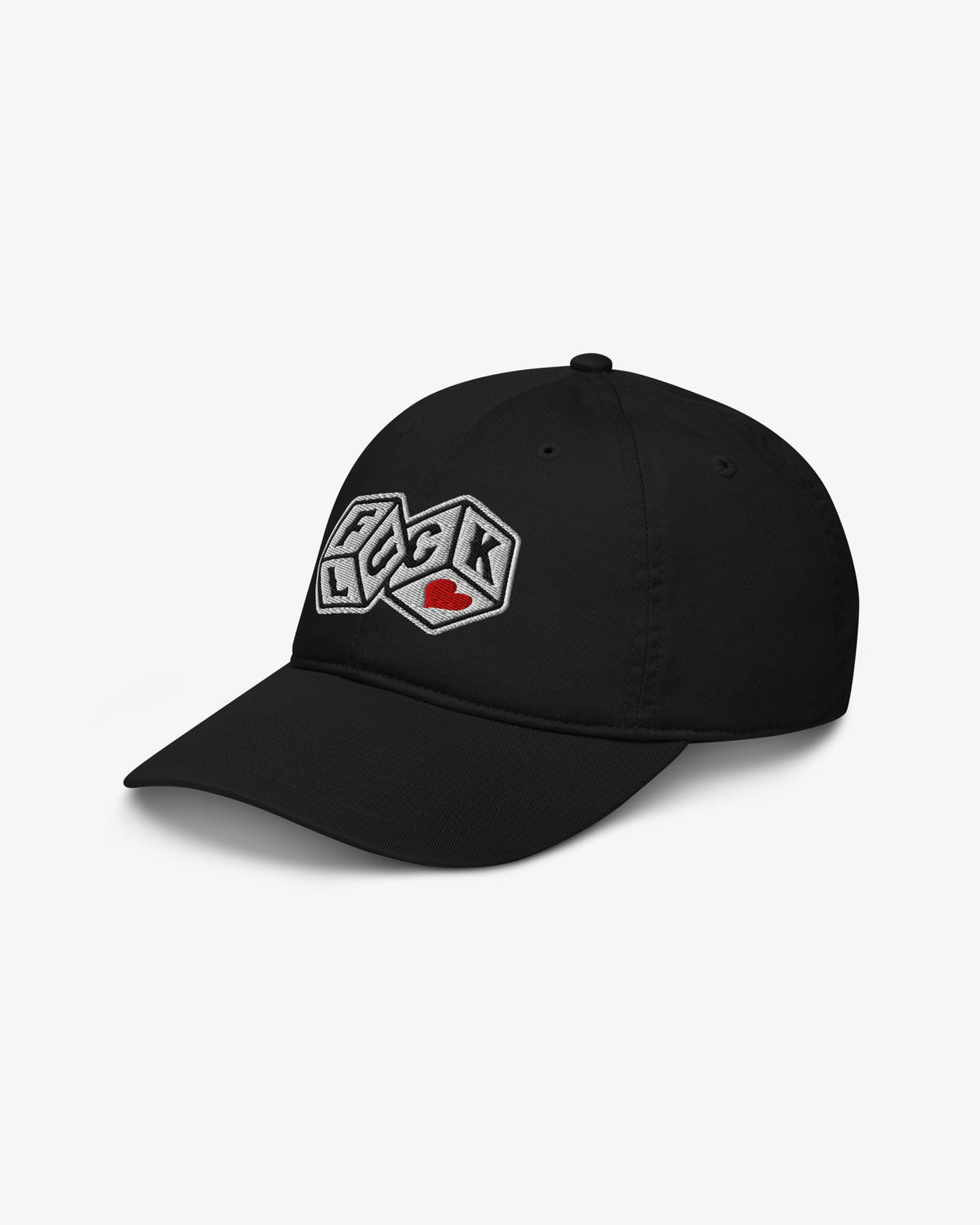 F*ck Luck cap interior, flipped open to show the adjustable strap and care label
