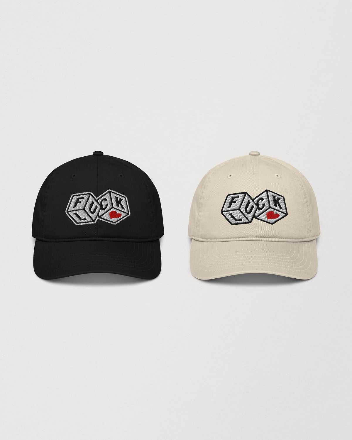 F*ck Luck dice cap, black and oyster colorways side by side