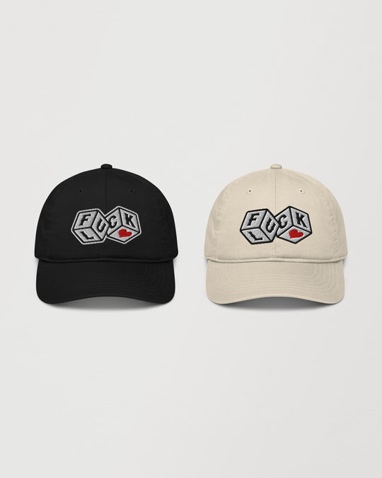 F*ck Luck dice cap, black and oyster colorways side by side