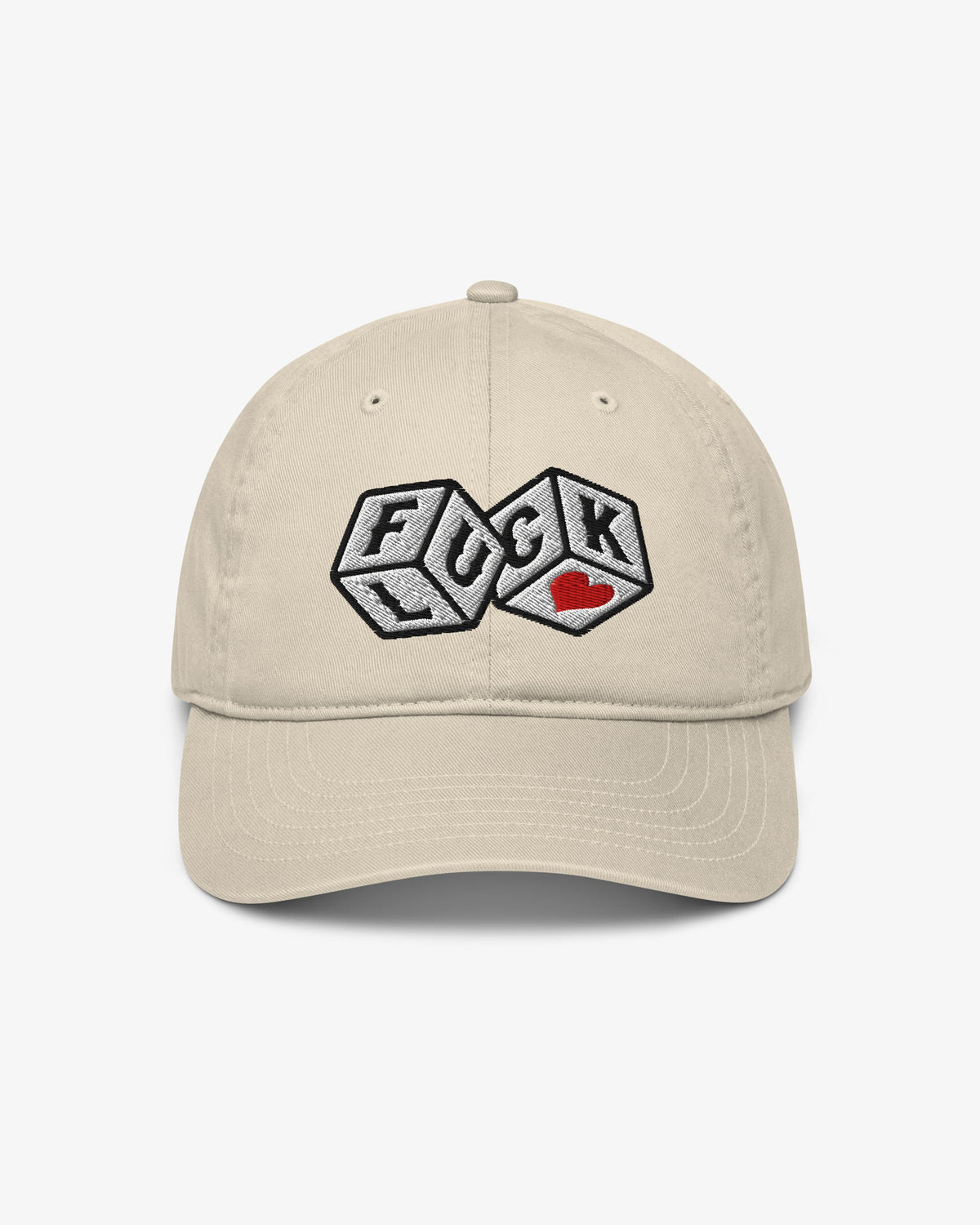 F*ck Luck embroidered dice graphic cap, front view, oyster colorway
