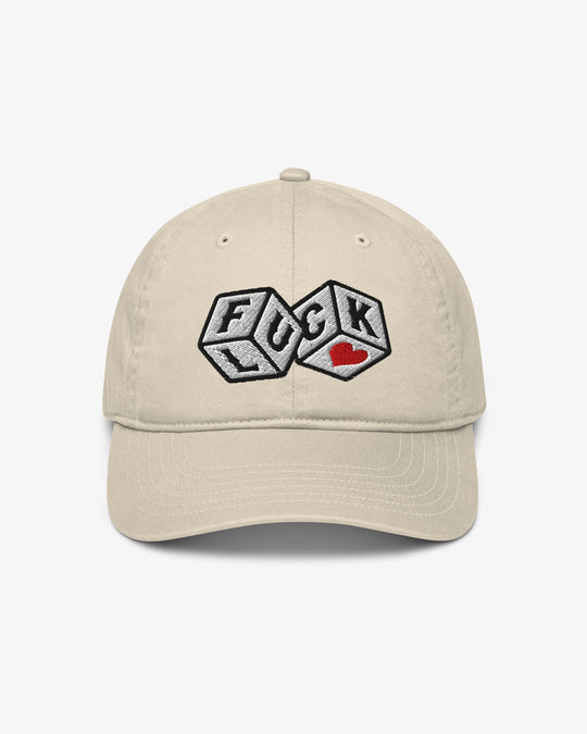 F*ck Luck embroidered dice graphic cap, front view, oyster colorway