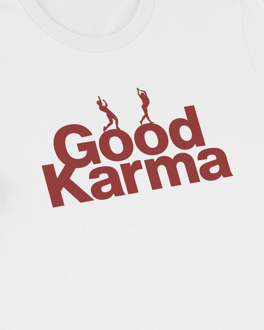 Close-up of the Good Karma print, yoga dancer figure above "Good Karma" lettering