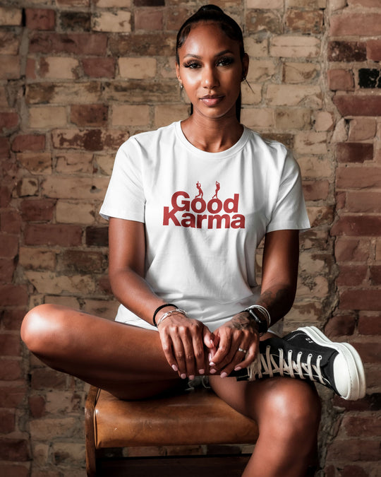 Good Karma t-shirt in white, worn by a model