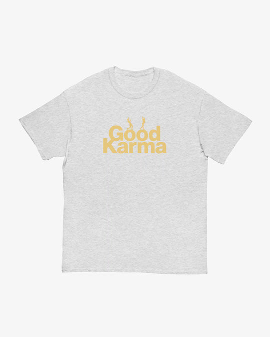 Good Karma t-shirt in ash, yoga dancer figure above "Good Karma" lettering, front view