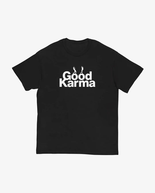 Good Karma t-shirt in black, yoga dancer figure above "Good Karma" lettering, front view