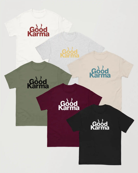 Good Karma t-shirts in white, ash, natural, military green, maroon and black