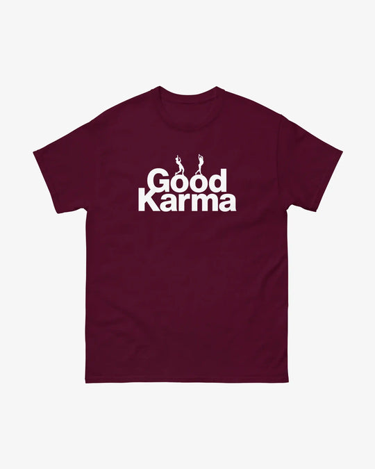 Good Karma t-shirt in maroon, yoga dancer figure above "Good Karma" lettering, front view