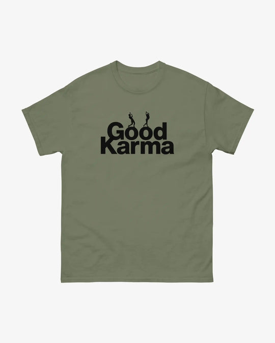 Good Karma t-shirt in military green, yoga dancer figure above "Good Karma" lettering, front view