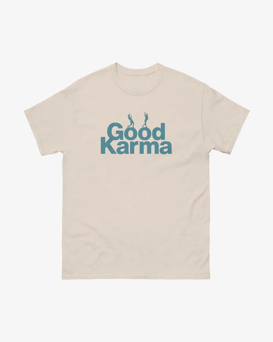Good Karma t-shirt in natural, yoga dancer figure above "Good Karma" lettering, front view