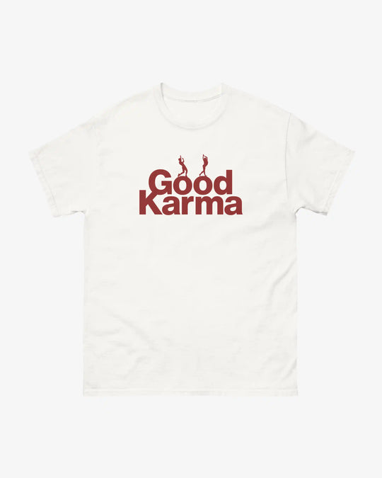 Good Karma t-shirt in white, yoga dancer figure above "Good Karma" lettering, front view