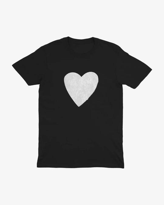 Heart t-shirt in black, washed white heart print, front view