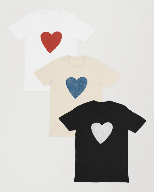 Heart t-shirts in white, natural and black
