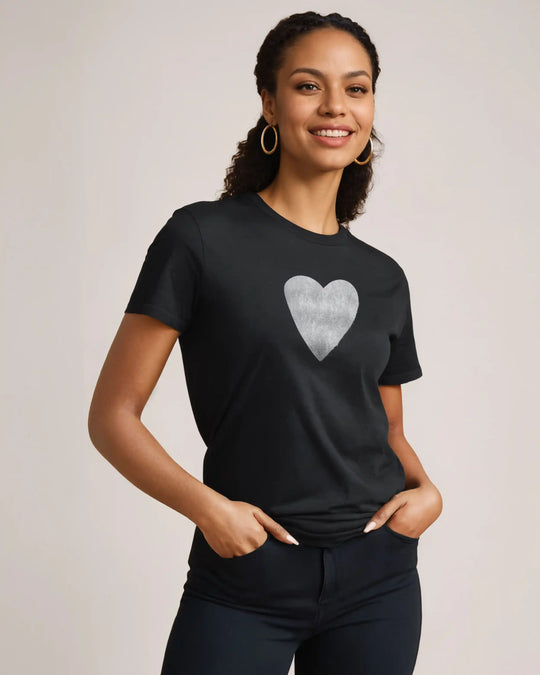 Heart t-shirt in black, worn by a model