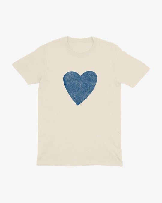 Heart t-shirt in natural, blue distressed heart print, front view
