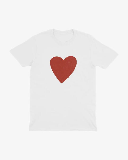 Heart t-shirt in white, red worn-effect heart print, front view