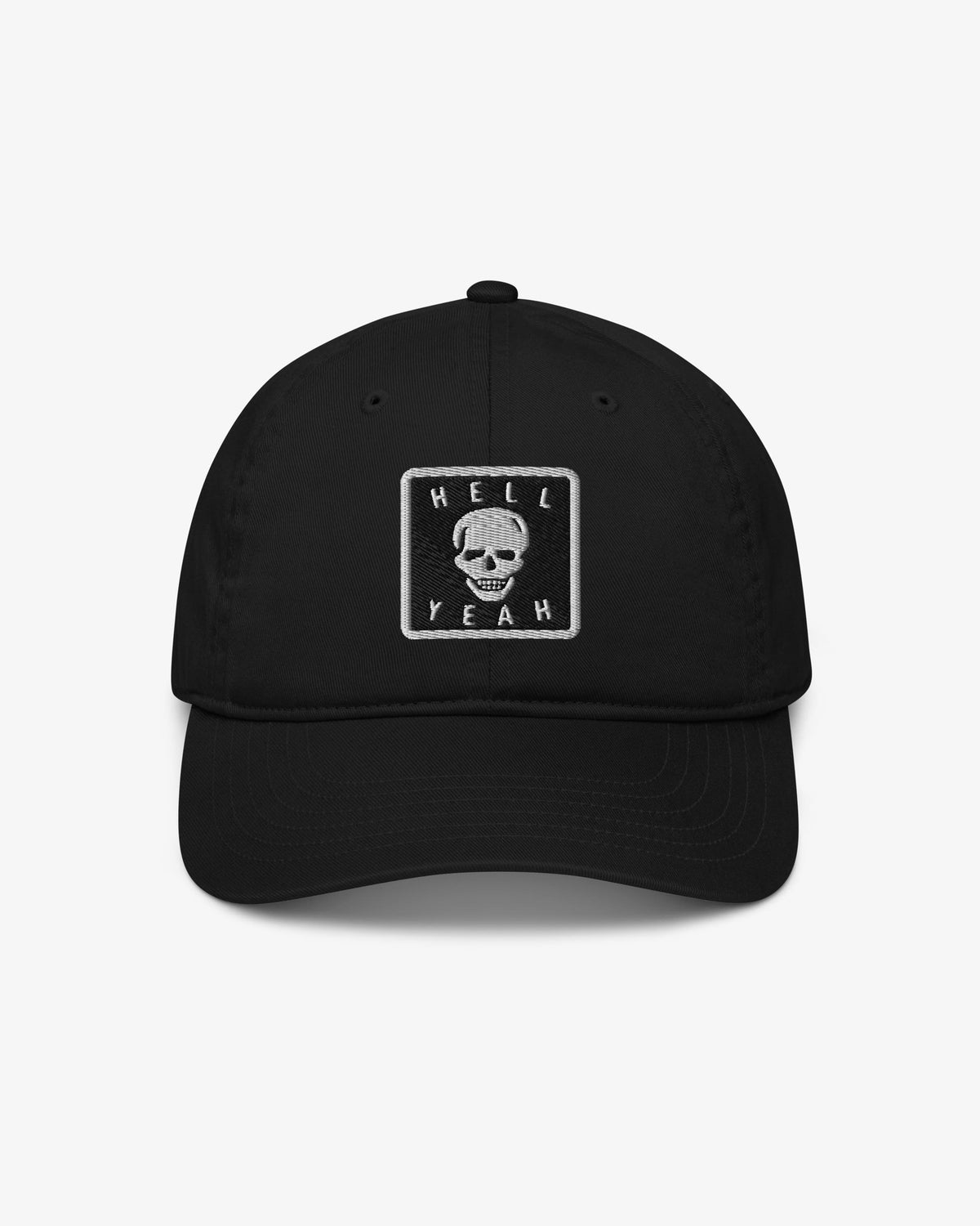 Hell Yeah embroidered skull patch cap, front view