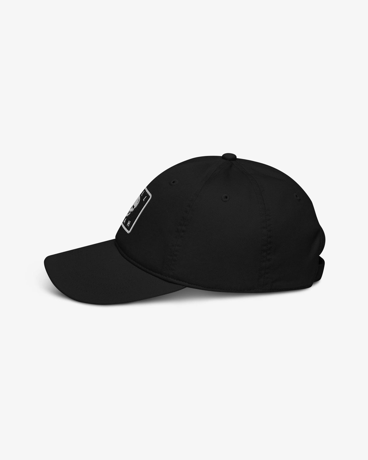 Hell Yeah embroidered skull patch cap, front three-quarter view showing patch detail