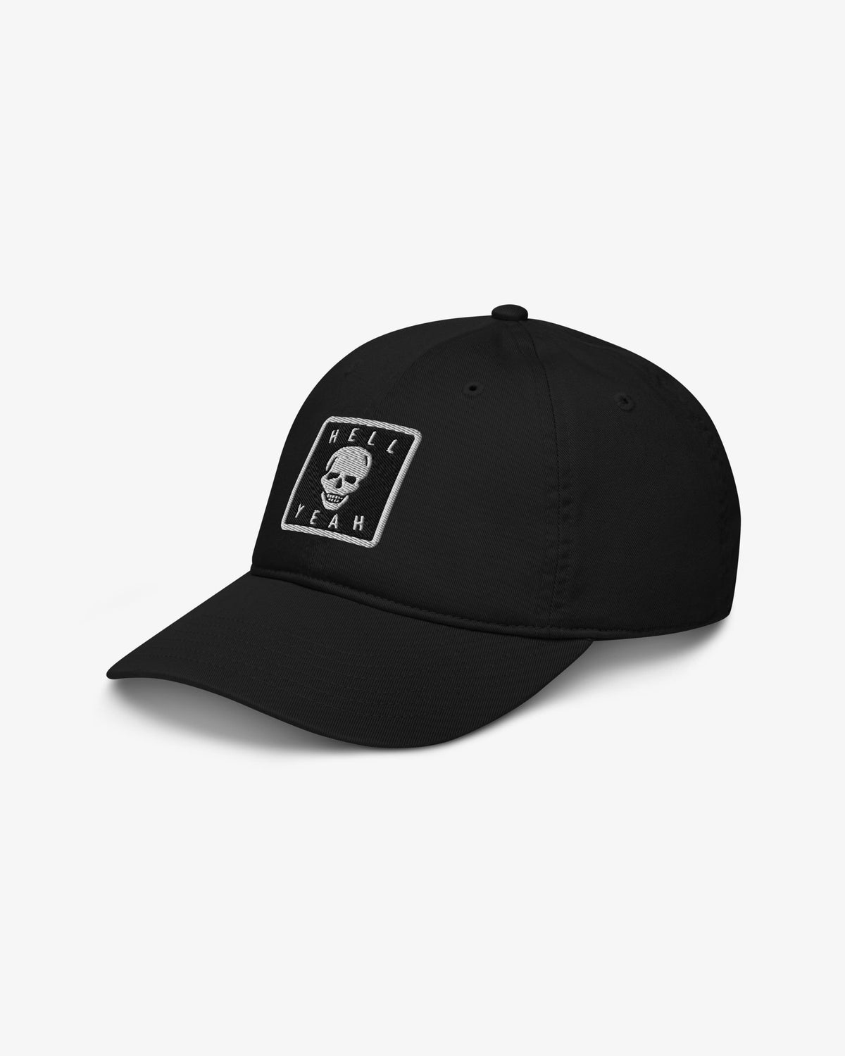 Hell Yeah cap interior, flipped open to show the adjustable strap and care label