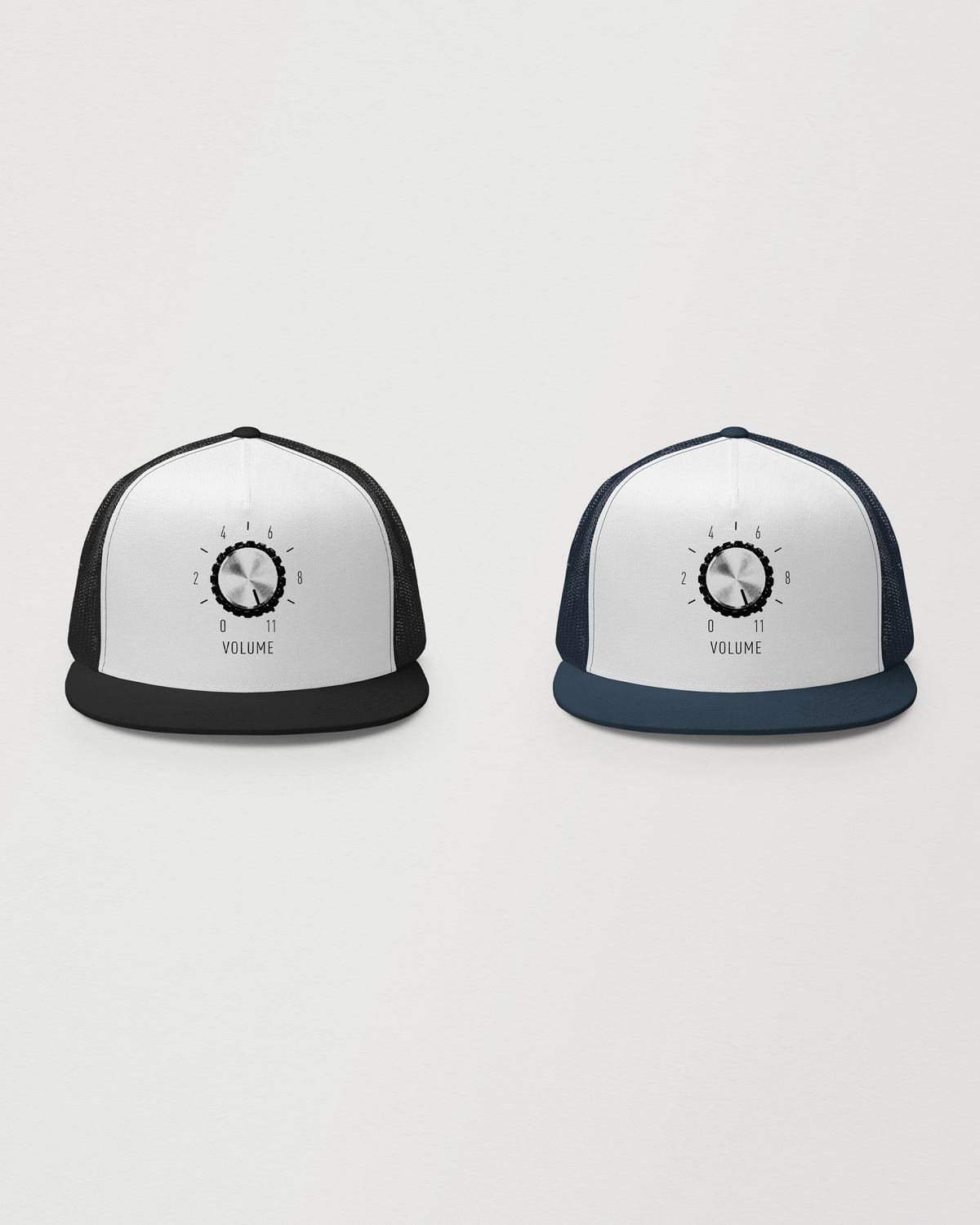 Wearrs It Goes To 11 trucker caps in black and navy with printed volume knob graphic