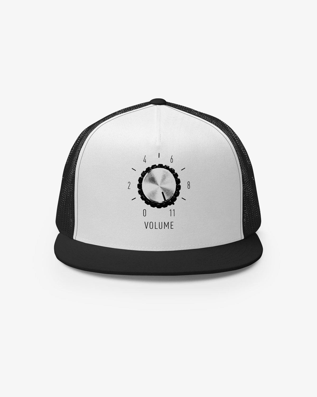 It Goes To 11 black and white trucker cap with printed volume knob dial turned to 11, front view