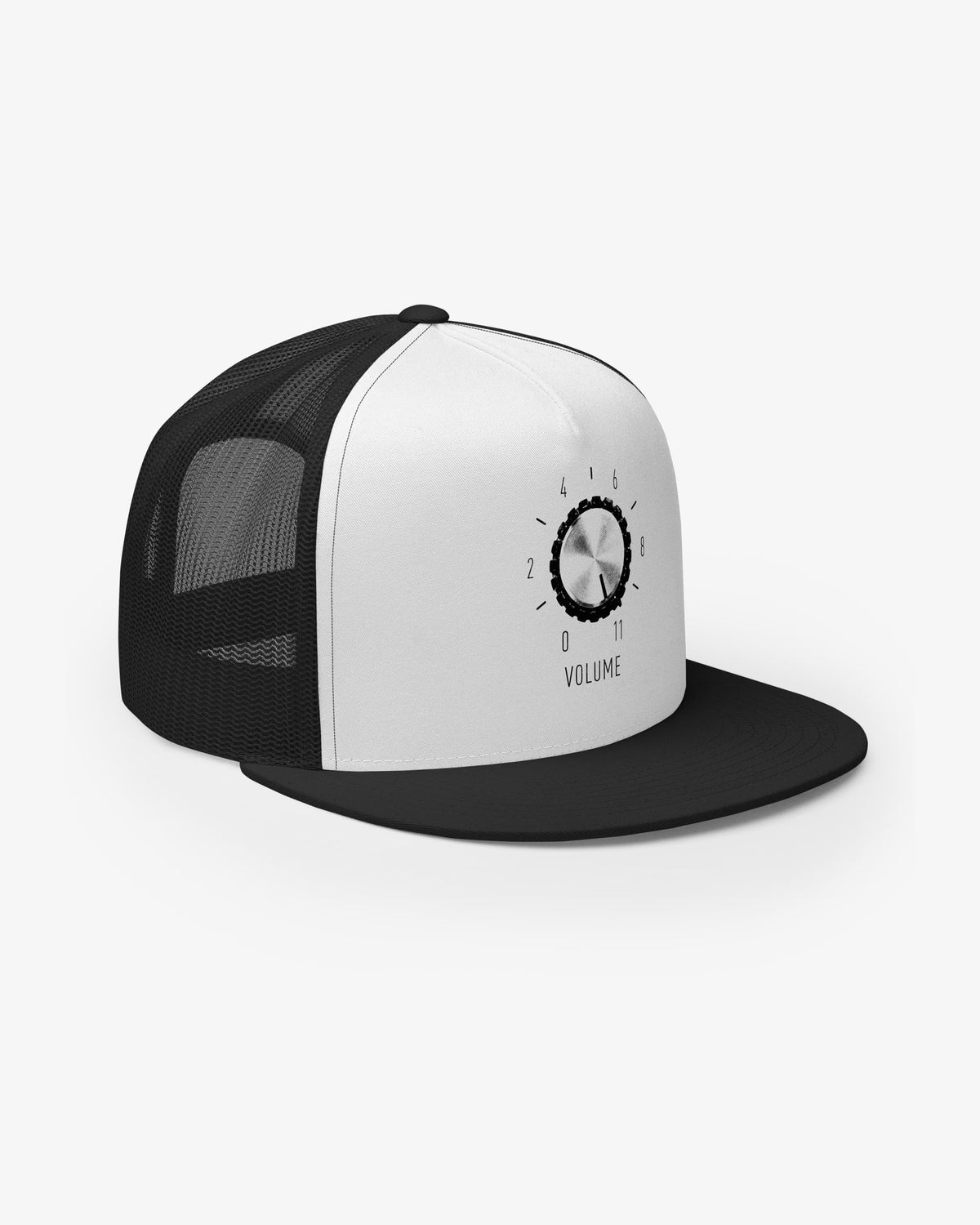 It Goes To 11 black and white trucker cap, right front three-quarter view showing printed volume knob and flat brim