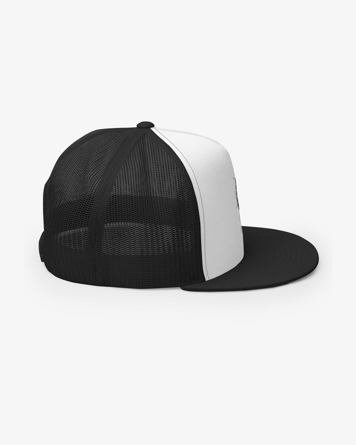 It Goes To 11 black and white trucker cap, right side view showing mesh panels and flat brim