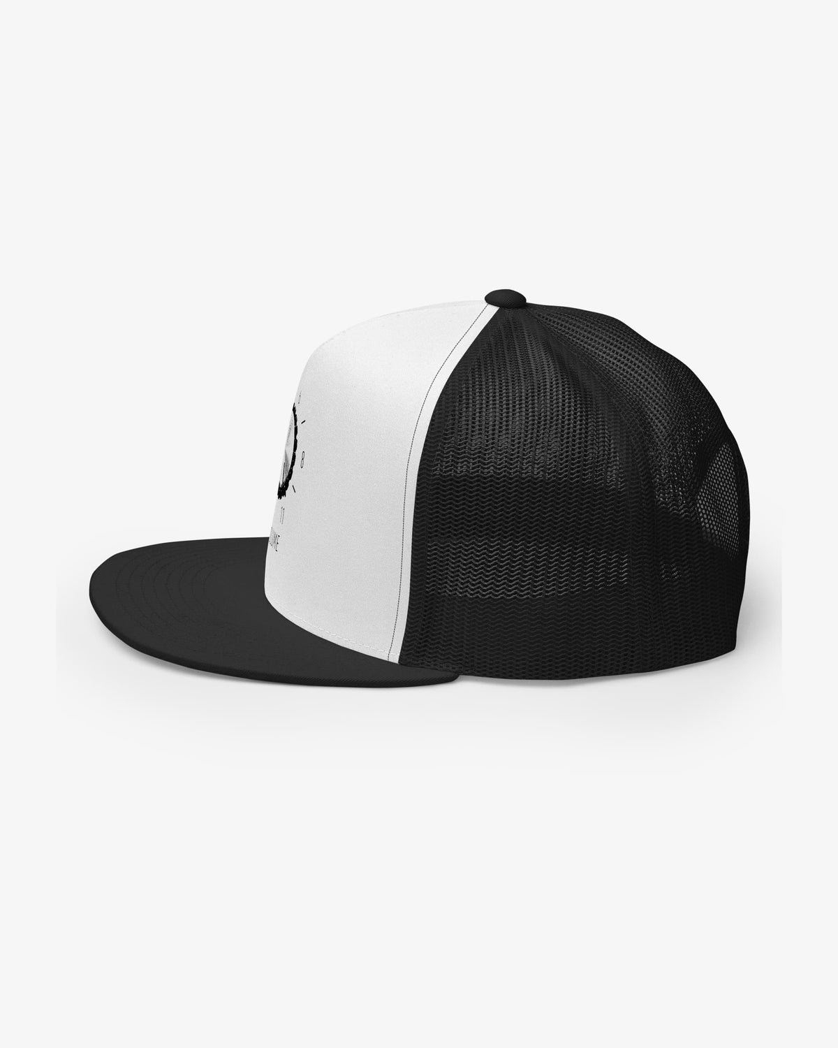 It Goes To 11 black and white trucker cap, left side view showing mesh panels, flat brim and edge of printed volume dial
