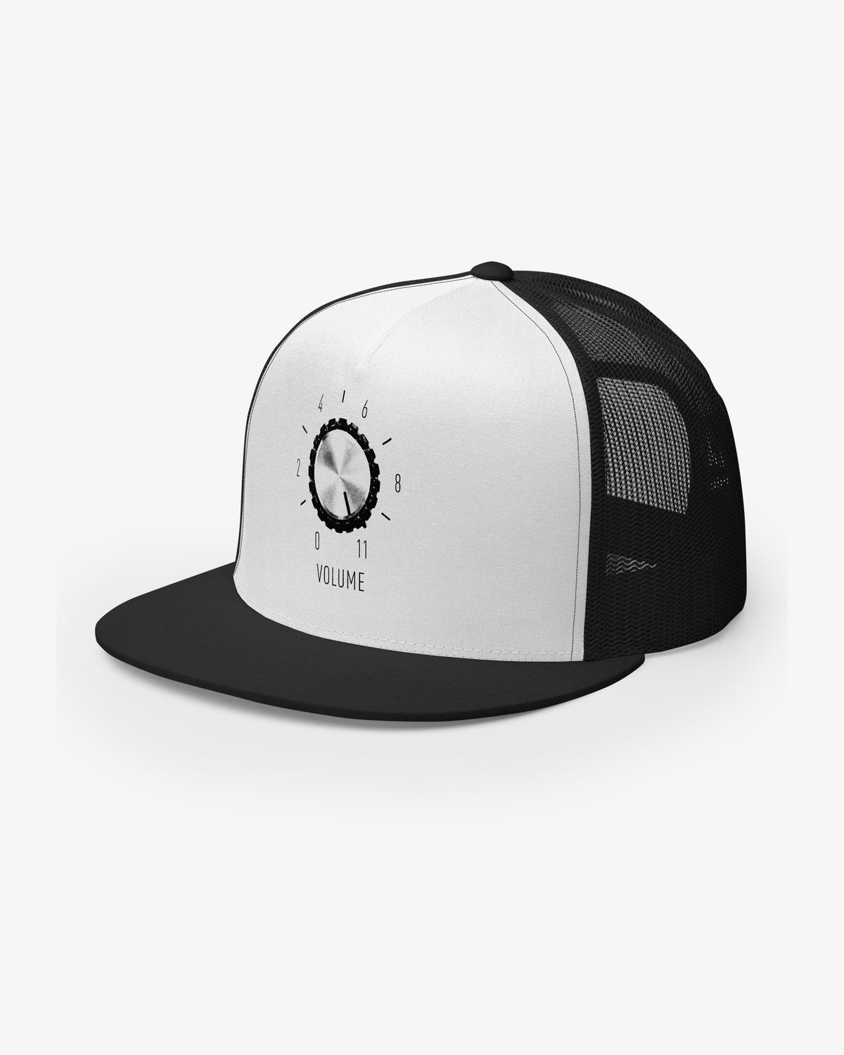 It Goes To 11 black and white trucker cap, left front three-quarter view showing printed volume knob graphic