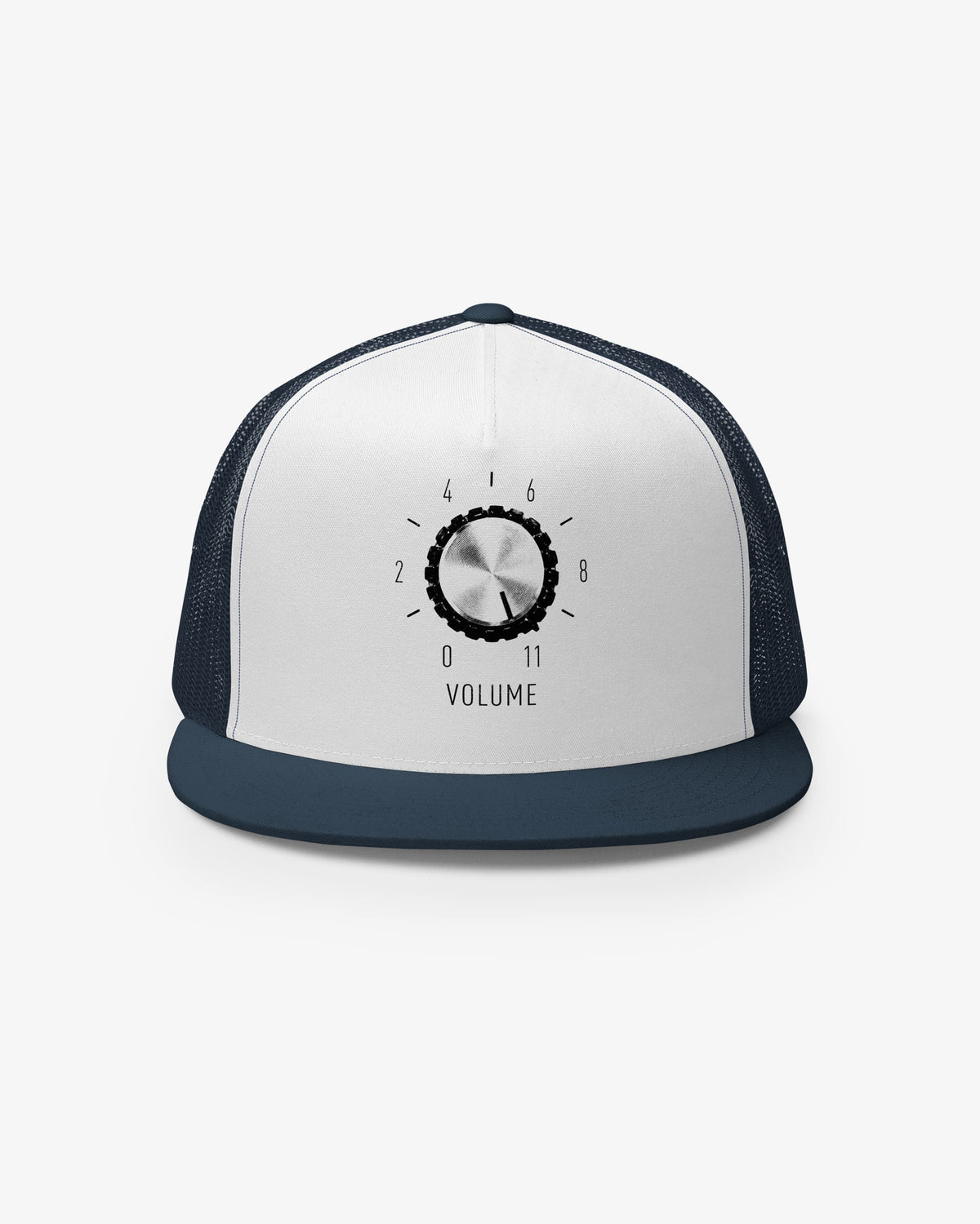 It Goes To 11 navy and white trucker cap with printed volume knob dial turned to 11, front view