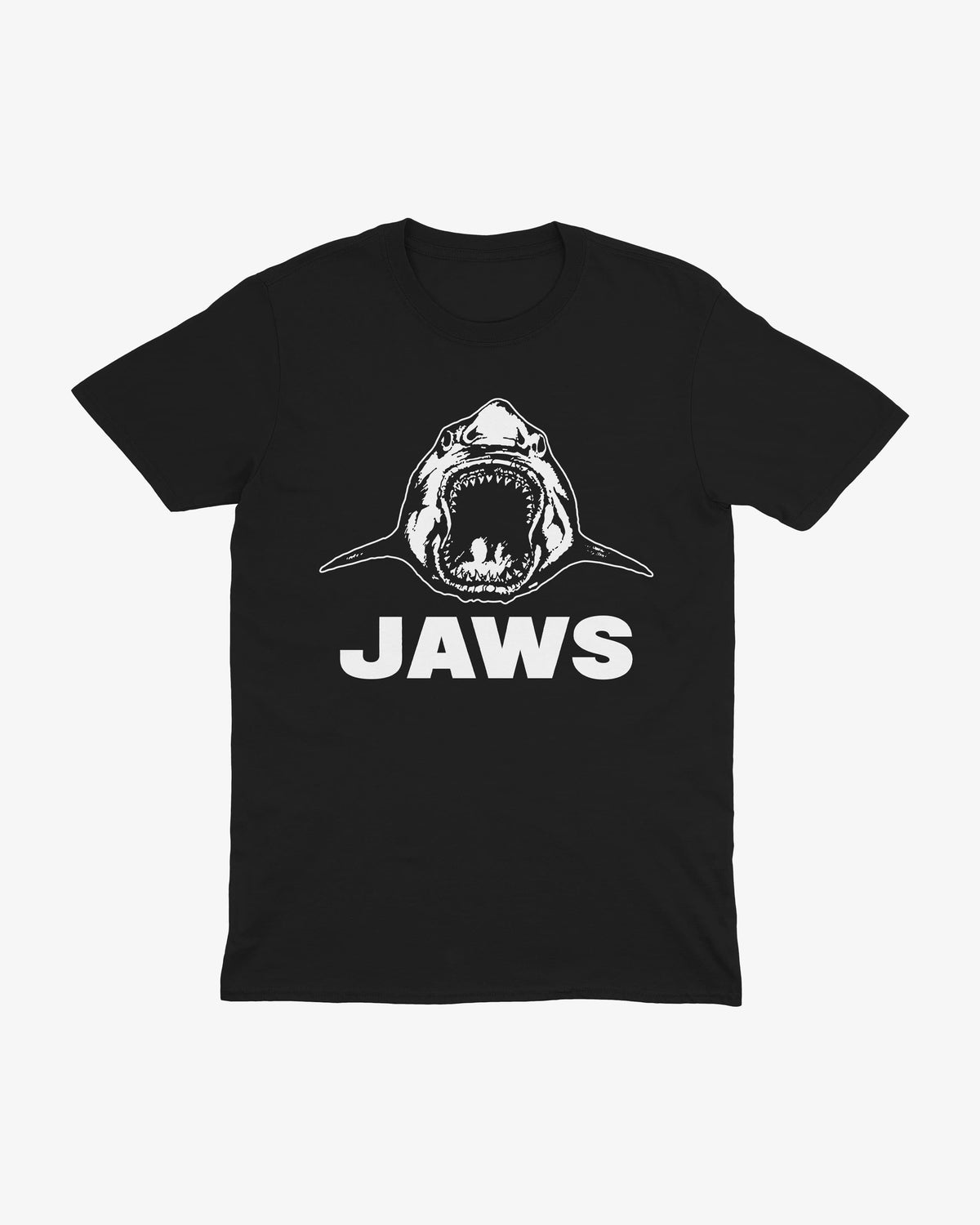 Jaws t-shirt in black, illustrated shark with open jaws above "Jaws" wordmark, front view