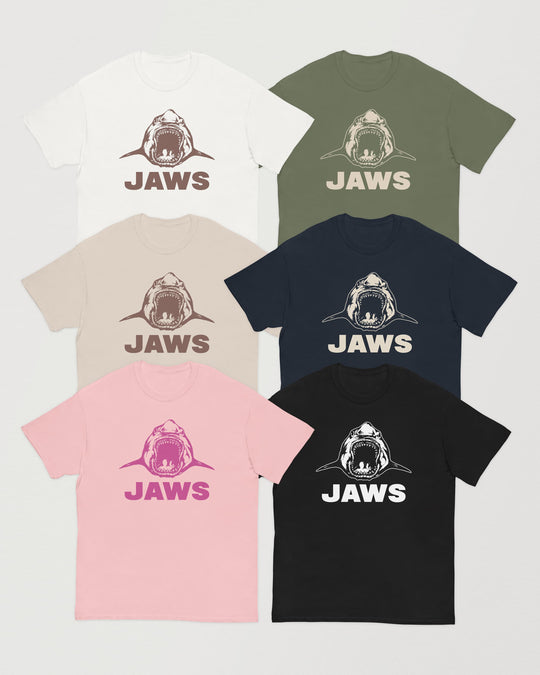 Jaws t-shirts in white, military green, natural, navy, light pink and black