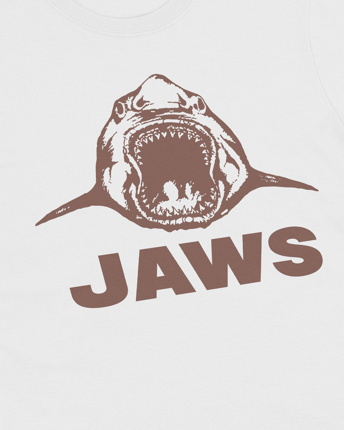 Close-up of the Jaws print on the white t-shirt, illustrated shark with open jaws