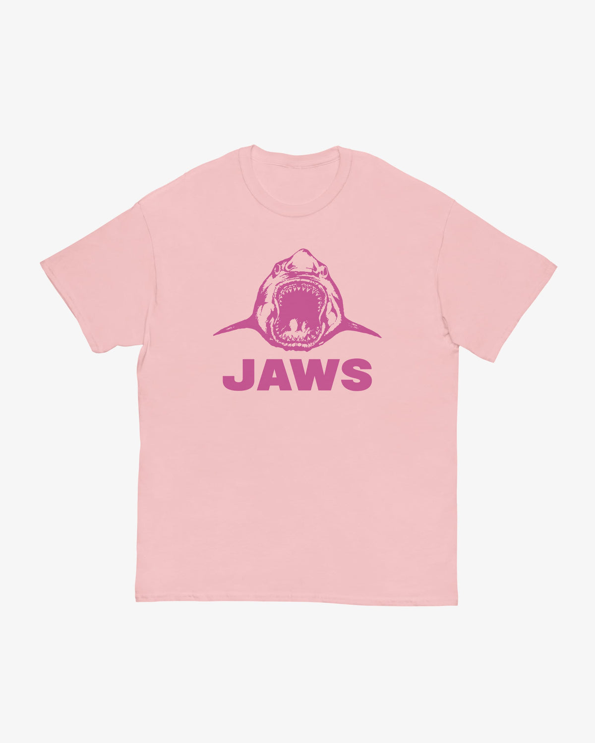 Jaws t-shirt in light pink, illustrated shark with open jaws above "Jaws" wordmark, front view