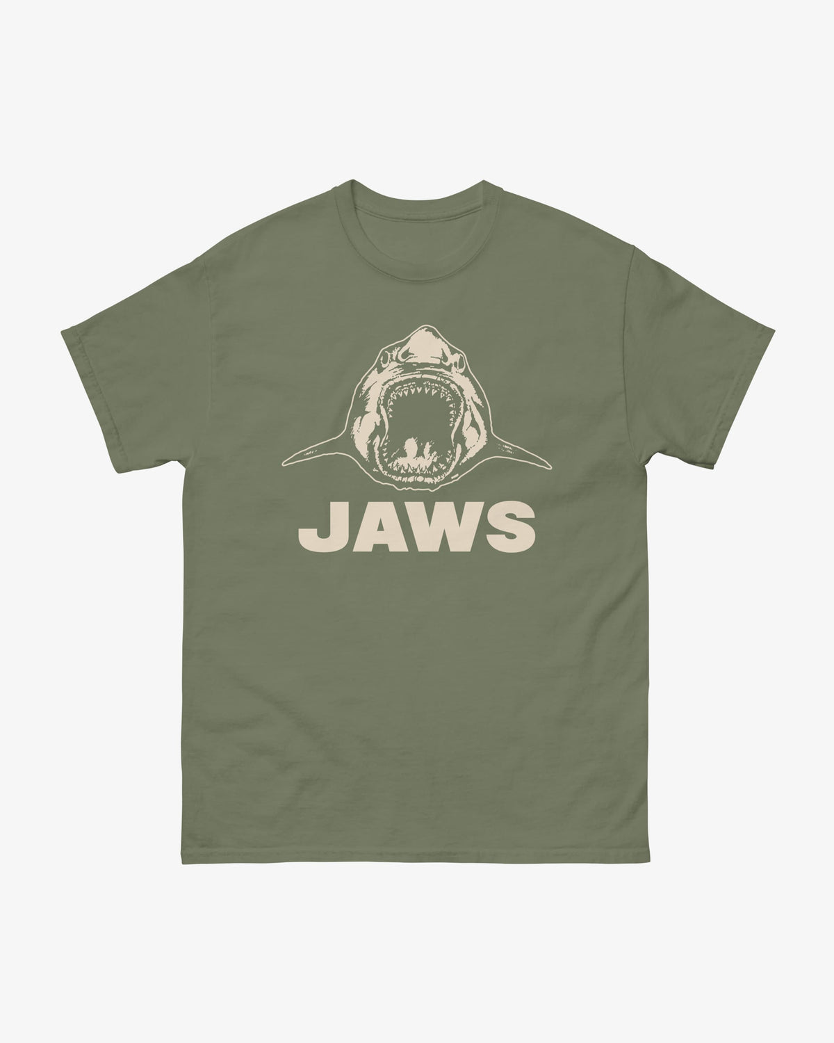Jaws t-shirt in military green, illustrated shark with open jaws above "Jaws" wordmark, front view