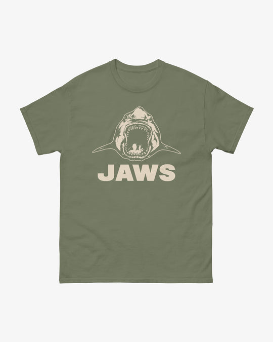 Jaws t-shirt in military green, illustrated shark with open jaws above "Jaws" wordmark, front view