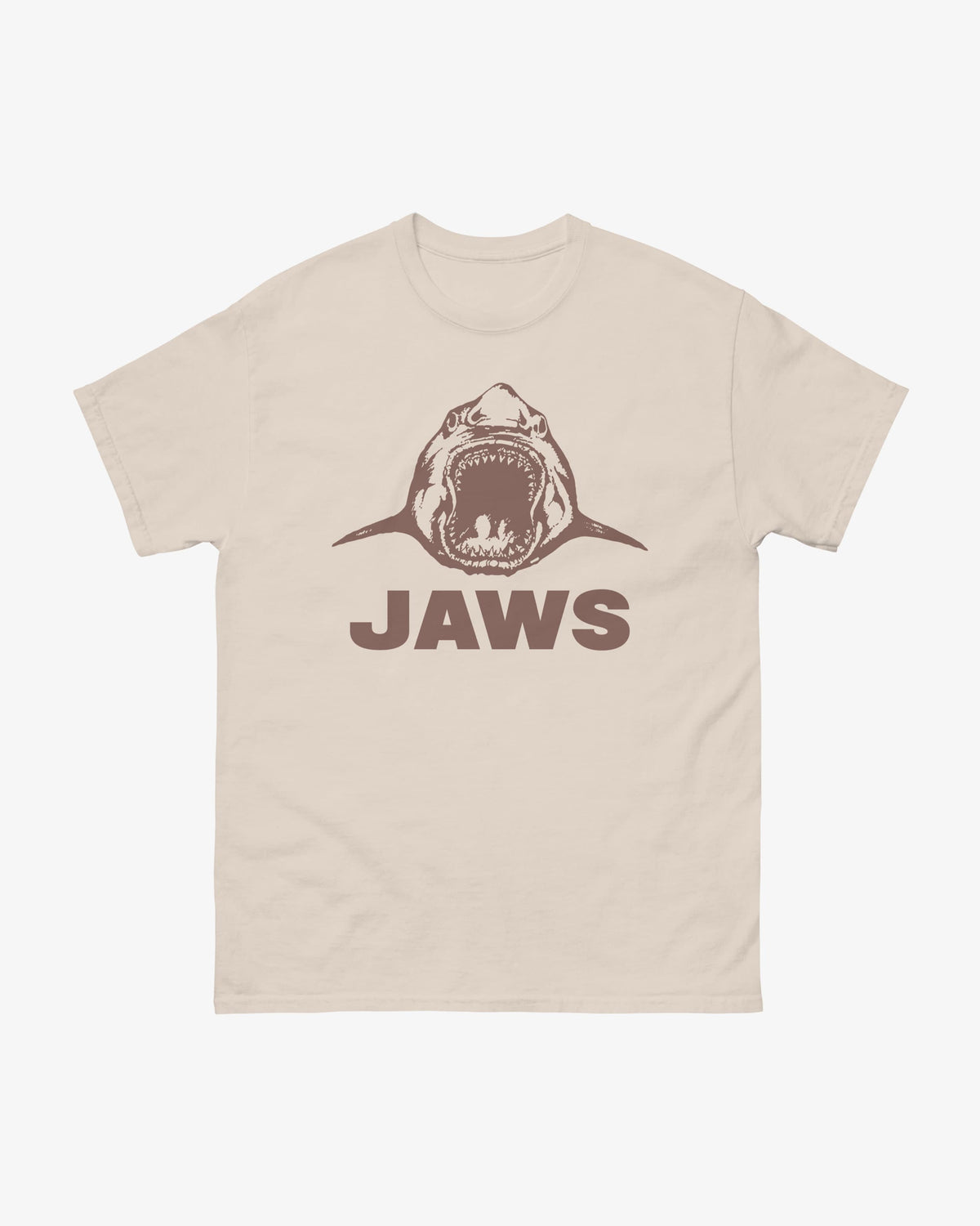 Jaws t-shirt in natural, illustrated shark with open jaws above "Jaws" wordmark, front view