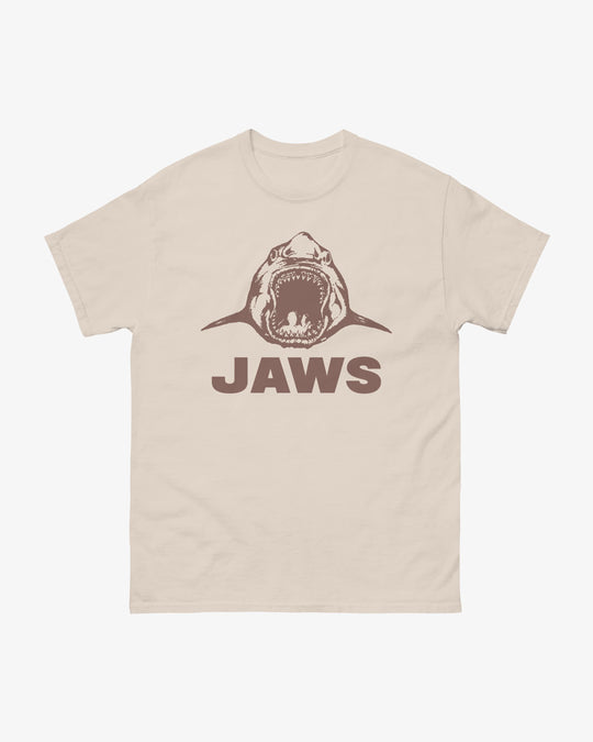 Jaws t-shirt in natural, illustrated shark with open jaws above "Jaws" wordmark, front view